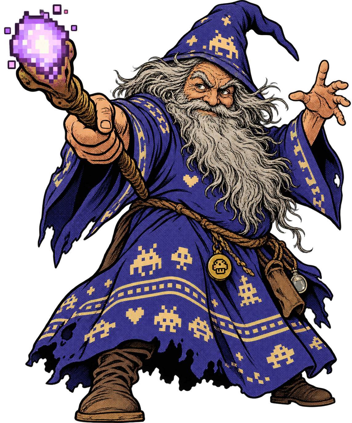 Scroggy, a mischievous bearded wizard in arcade-patterned robes, wielding a pixel-powered staff.